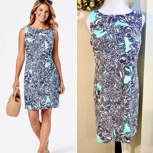 Petite Tropical Floral Sheath Dress Aqua Navy Sleeveless Resort Cruise 8P💚
